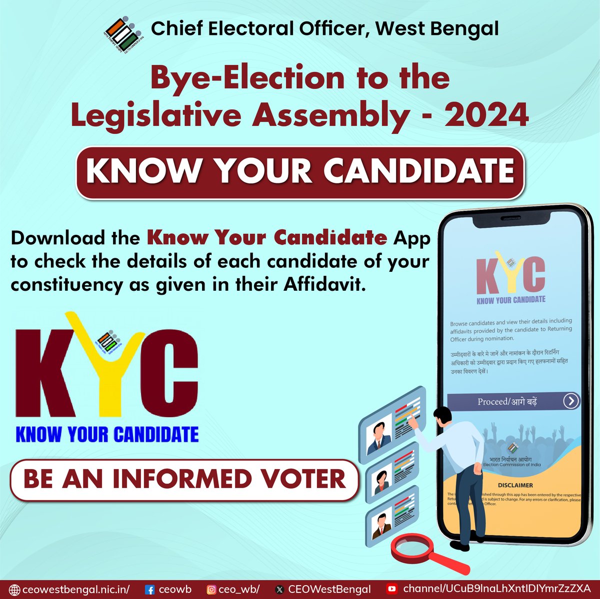 CEOWestBengal's tweet photo. #KYCApp provides information about contesting candidates including their educational qualification, assets, and criminal antecedents (if any).
 #ElectionTransparency #ByeElection2024 
#ReadyToVote
@ECISVEEP
@SpokespersonECI
@rajivkumarec
@anuj_chandak https://t.co/uBO3CmqHcD