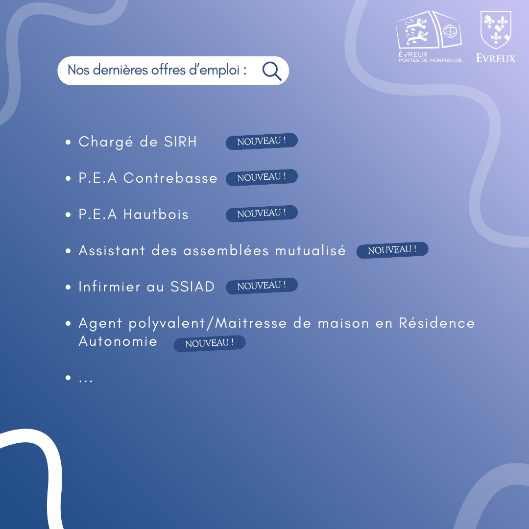 [#EMPLOI]

#Evreux et #aggloevreux recrutent !

&gt; Nouvelles offres : Chargé de SIRH / P.E.A Contrebasse / P.E.A Hautbois / Assistant des assemblées mutualisé / ...

👉 Pour postuler, envoyez votre CV et lettre de motivation ⤵️
evreuxportesdenormandie.fr/285-evreux-por…

#offreemploi