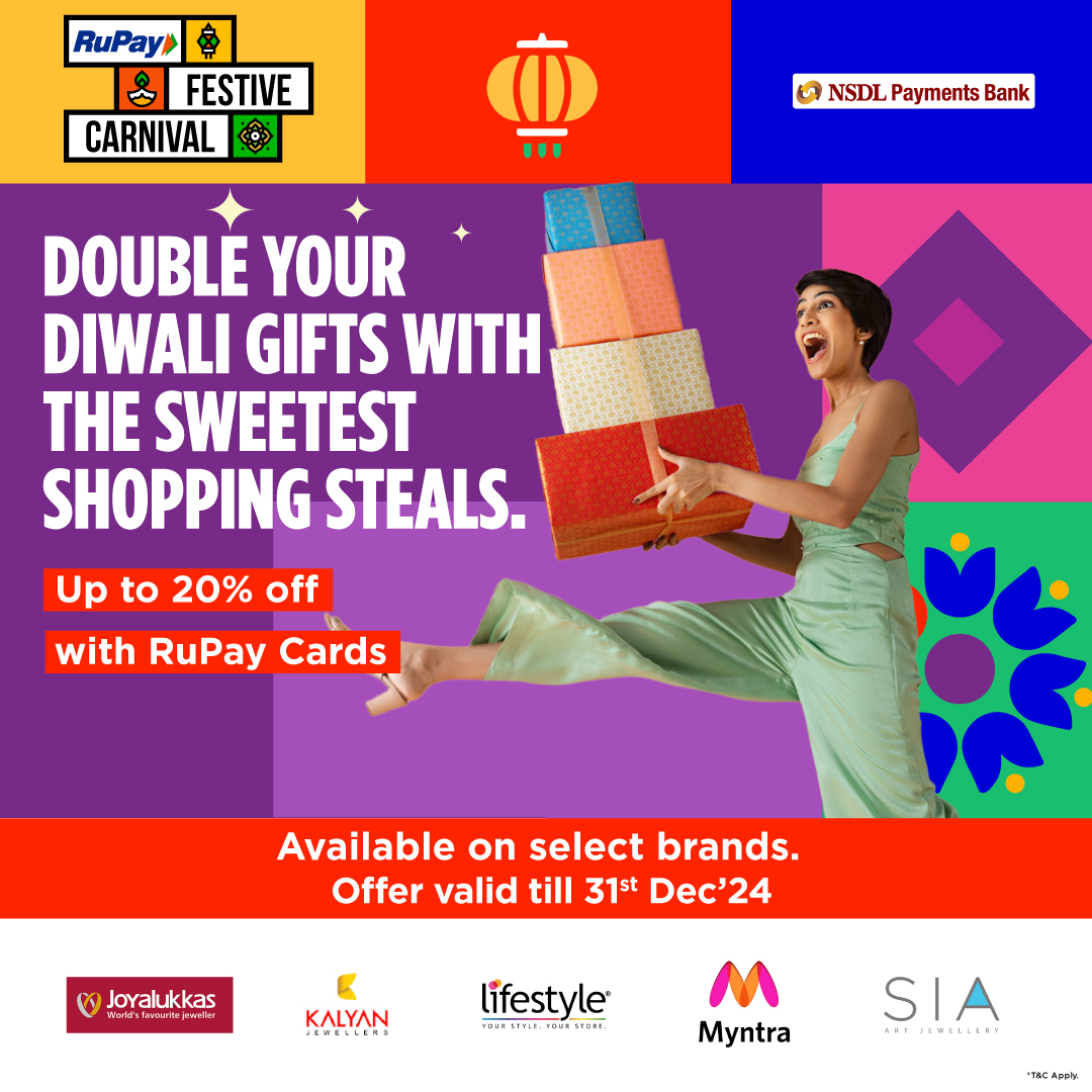 nsdlpb's tweet image. Double your festive joy with NSDL Payments Bank RuPay Card and enjoy up to 20% off at select brands. From dazzling jewelry to stylish apparel, find the perfect Diwali gifts for everyone on your list!  #RuPayOffers #ShoppingDeals #DiwaliGifts #NSDL #DigitalBanking #DebitCard