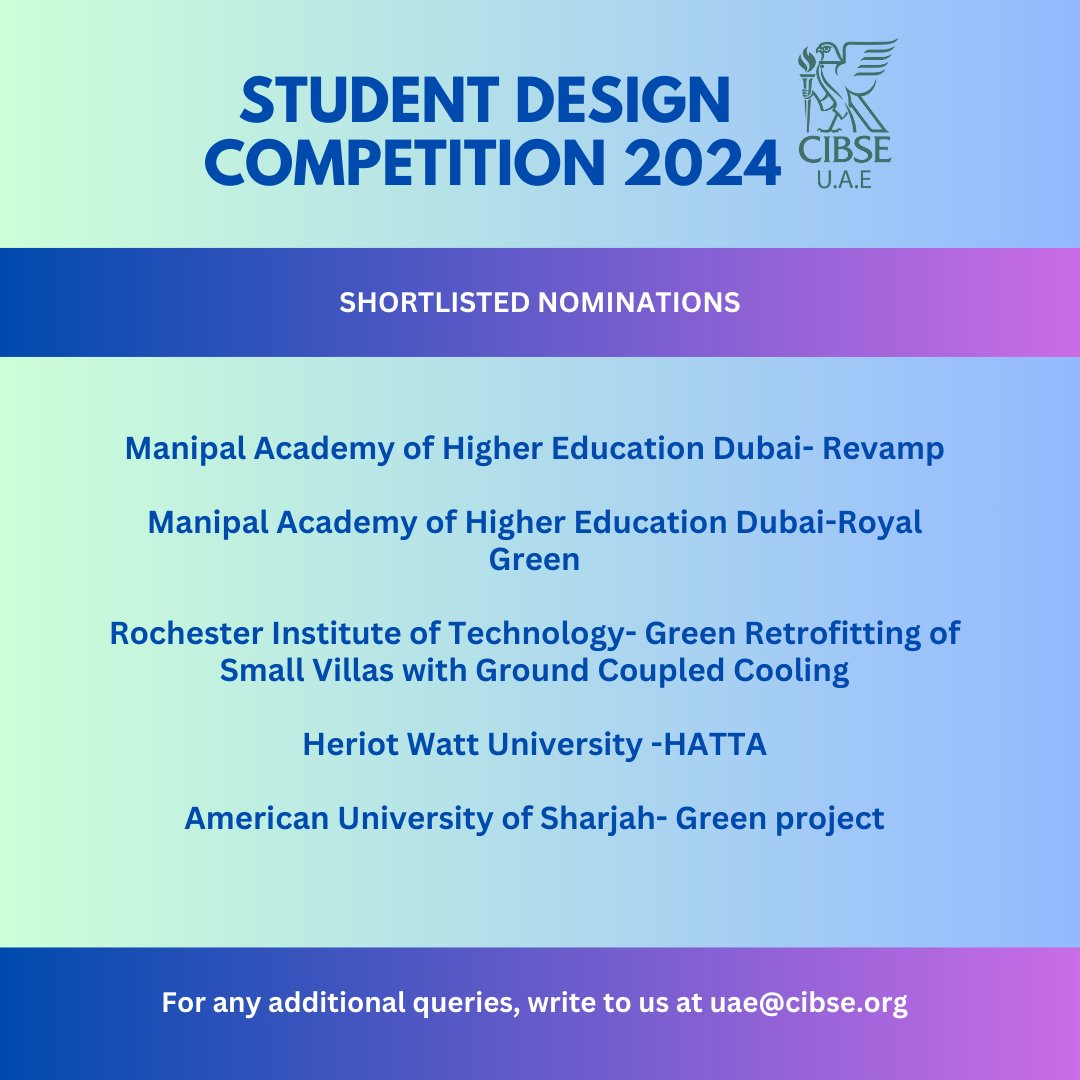 cibse_uae's tweet photo. Congratulations to the shortlisted nominees for the Student Design Competition 2024!  Best of luck to all participants as we move forward! 🌱🎓 For any additional queries, contact us at uae@cibse.org.
#CIBSEUAEAwards #CIBSE2024 #CIBSE #UAEAwards #AnnualAwards https://t.co/dHXhVxr7ln