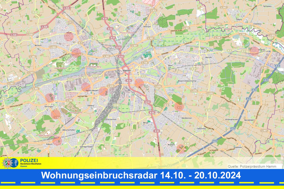 polizei_nrw_ham's tweet photo. Vom 14.10. - 20.10. gab es im Stadtgebiet vier versuchte und sieben vollendete Einbruchsdelikte. Das zeigt das "Wohnungseinbruchsradar" der Polizei Hamm. 

Wichtig ist es, aufmerksam zu sein und schon bei geringen Verdachtsmomenten den Notruf 110 zu wählen. 

#Polizei #Hamm https://t.co/9VnFCN5IY0