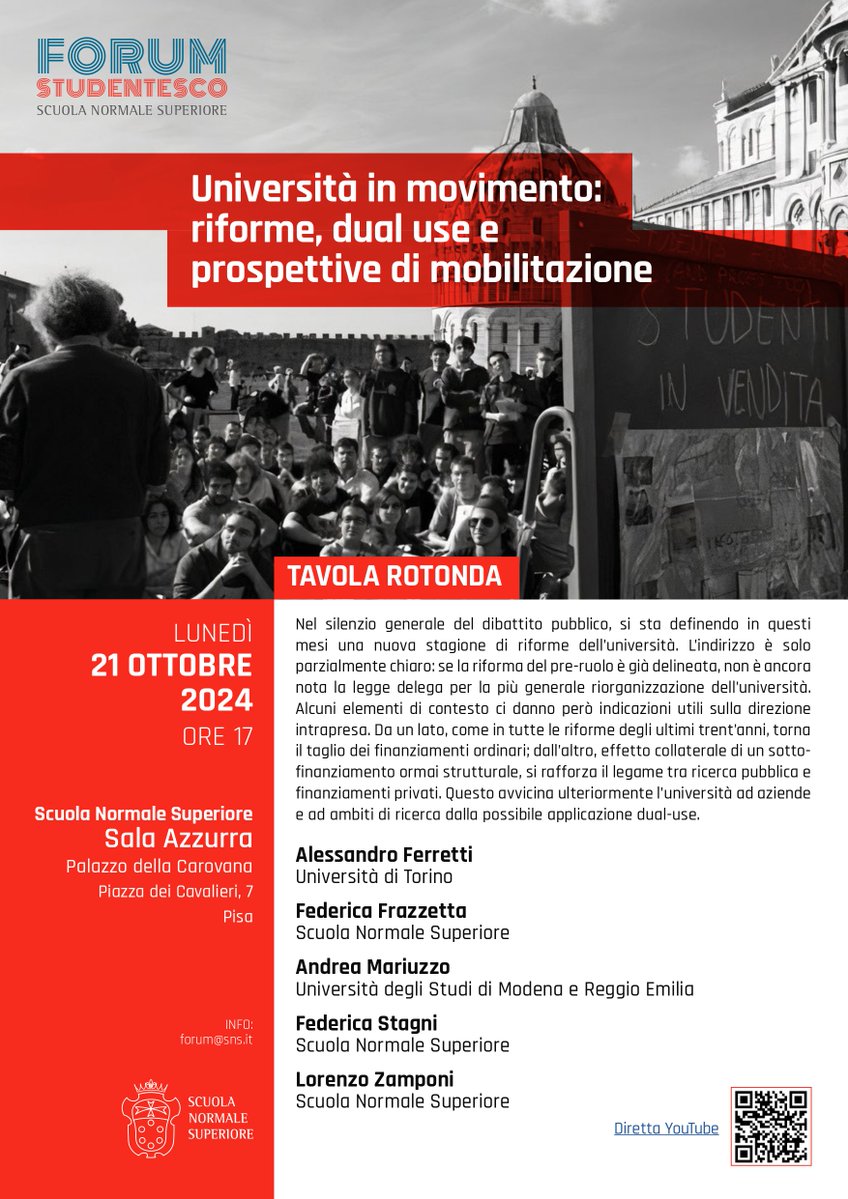 "Università in movimento: riforme, dual use e prospettive di mobilitazione".  Tavola rotonda.
I dettagli su 👉 sns.it/it/evento/univ…
📅 21 ottobre 
⏰ Ore 17.00 
🌍 Sala Azzurra, Palazzo della Carovana 
📺 Diretta YouTube
