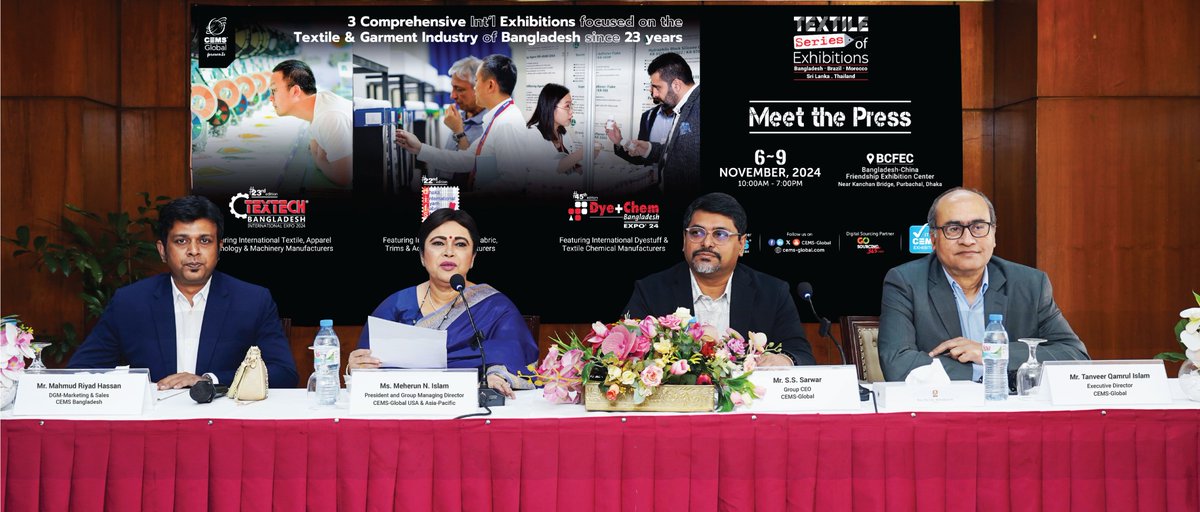 CemsIndia's tweet photo. CEMS-Global USA hosted a press conference today at the Pan Pacific Sonargaon Hotel in Dhaka to present its prestigious Textile Series of Exhibitions-Bangladesh Editions.
To Learn more Visit: https://t.co/n6blOTccVv
 #textile #textileindustry #apparel #yarnfabric #cemsglobal https://t.co/B5cU1ncpUH