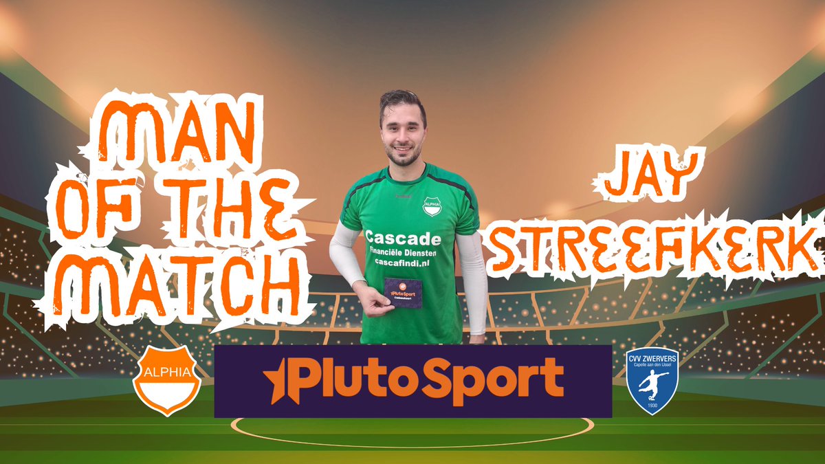 Jay Streefkerk is na de wedstrijd Alphia - CVV Zwervers  uitgeroepen tot Man of the Match. Met diverse katachtige reddingen zorgde Jay ervoor dat Alphia tot het laatste fluitsignaal op een resultaat mocht hopen. Door deze uitverkiezing ontving Jay een cadeaubon van Plutosport.