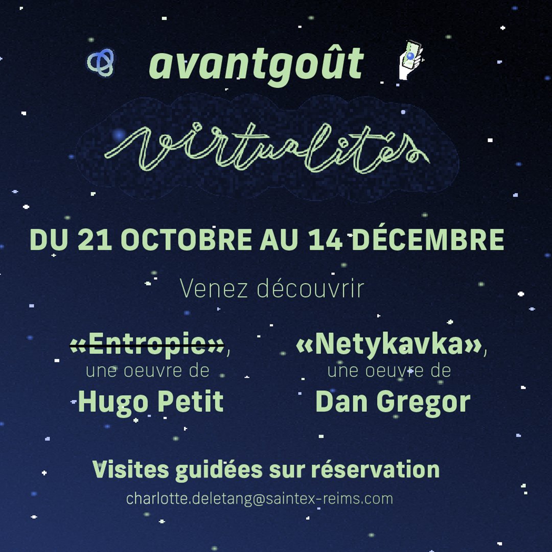 Venez découvrir l’exposition avantgoût sur la thématique VIRTUALITÉS à Saint-Ex du 21 octobre au 14 décembre ! ✨

Retrouvez les œuvres d’Hugo Petit et de Dan Gregor !

🗓️Réservez votre visite guidée pour découvrir notre univers 😉

📧 charlotte.deletang@saintex-reims.com