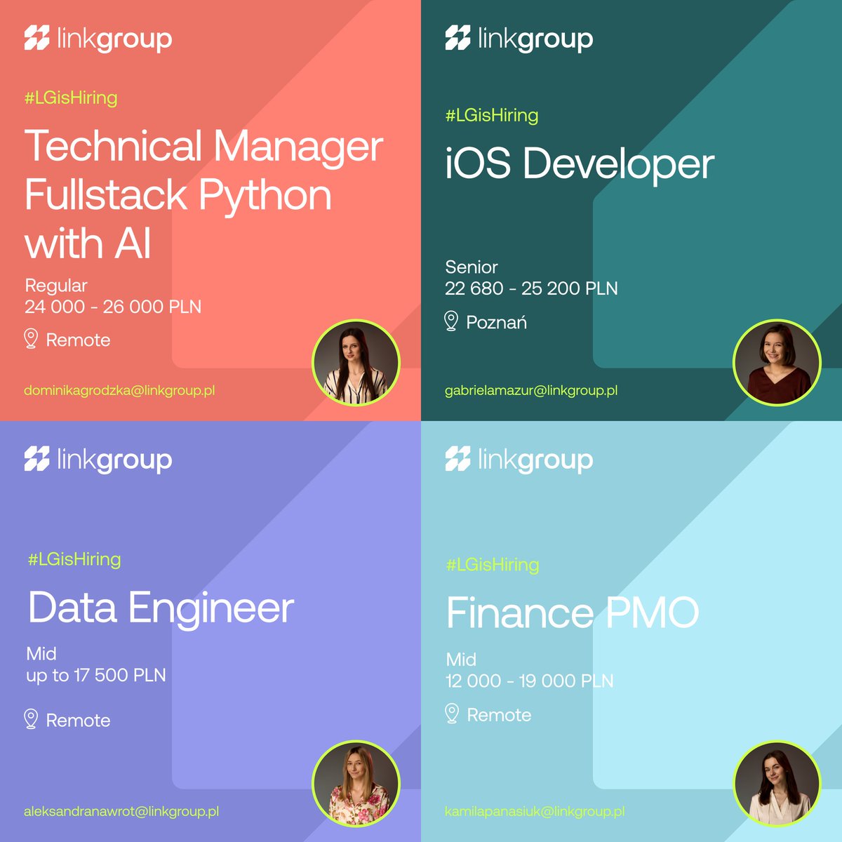 LinkGroup_co's tweet photo. Are you ready to make a career change? 😎💚 #LGisHiring with exciting remote and on-site opportunities! If you're a pro in #Python, #iOS, #data engineering, or project management, this is for you! Check out our top roles and #apply now! ⬇️

Technical Manager (Fullstack Python with AI)
24,000 – 26,000 PLN, Remote
Apply here: https://t.co/l8jrBwtdYc

Data Engineer
Up to 17,500 PLN, Remote
Apply here: https://t.co/LSY7cAgN4p

iOS Developer
22,680 – 25,200 PLN, Poznań
Apply here: https://t.co/6ytdZZptYA

Finance PMO
12,000 – 19,000 PLN, Remote
Apply here: https://t.co/PhZ6IyXrp2

Apply here: https://t.co/cvPIr0BG5f 👌

___

#hiring #techjobs #careeropportunities #linkgroup #remotejobs #IT #techconsultants #mondayvibes