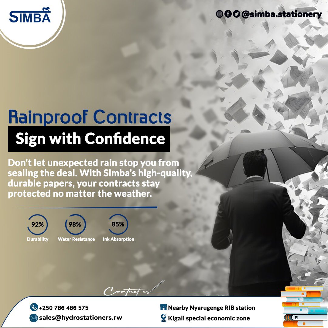 SimbaStationery's tweet image. Nothing will stop you from signing that contract—not even the rain! With Simba’s strong, high-quality paper, your documents stay protected and ready to deliver. Trust Simba for the best results, rain or shine! 🌧️📄

 #SimbaStrong #PremiumPaper #MadeInRwandapapers