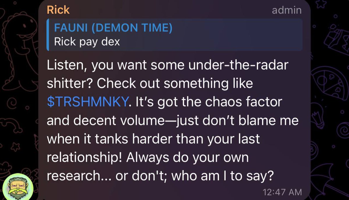 Swan5on's tweet image. Bro Rickbot is dropping tickers now ai meta getting out of hand