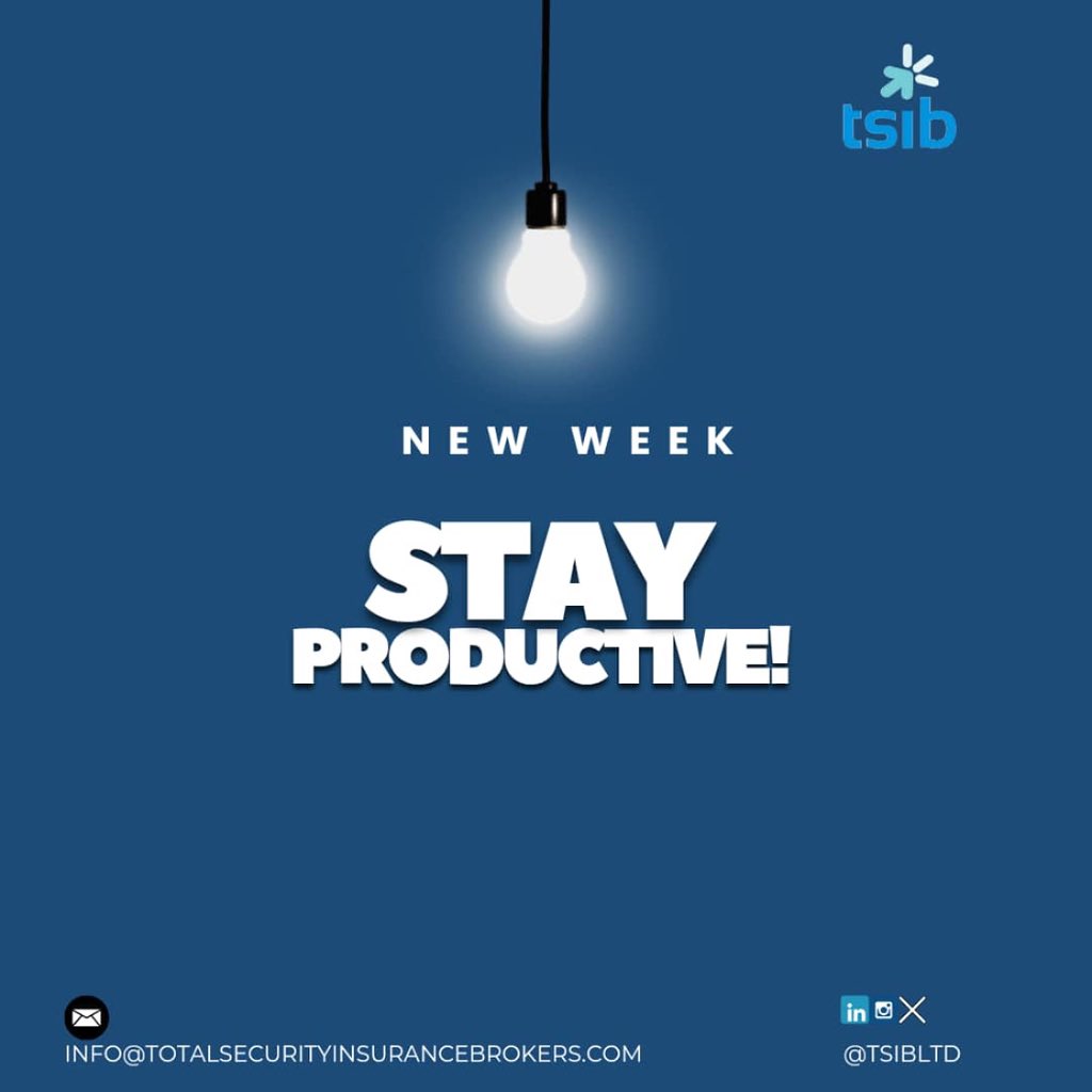 TSIBltd's tweet photo. Welcome to a new work week! It’s Monday again a fresh opportunity to turn all our losses to wins!💪🏽 Have a great day and a productive week ahead.
#mondaymotivation #monday #tsib #insurance #insurancebrokersinnigeria #insurancebrokersinlagos #newweek #newweeknewgoals https://t.co/8m2MNmqJil