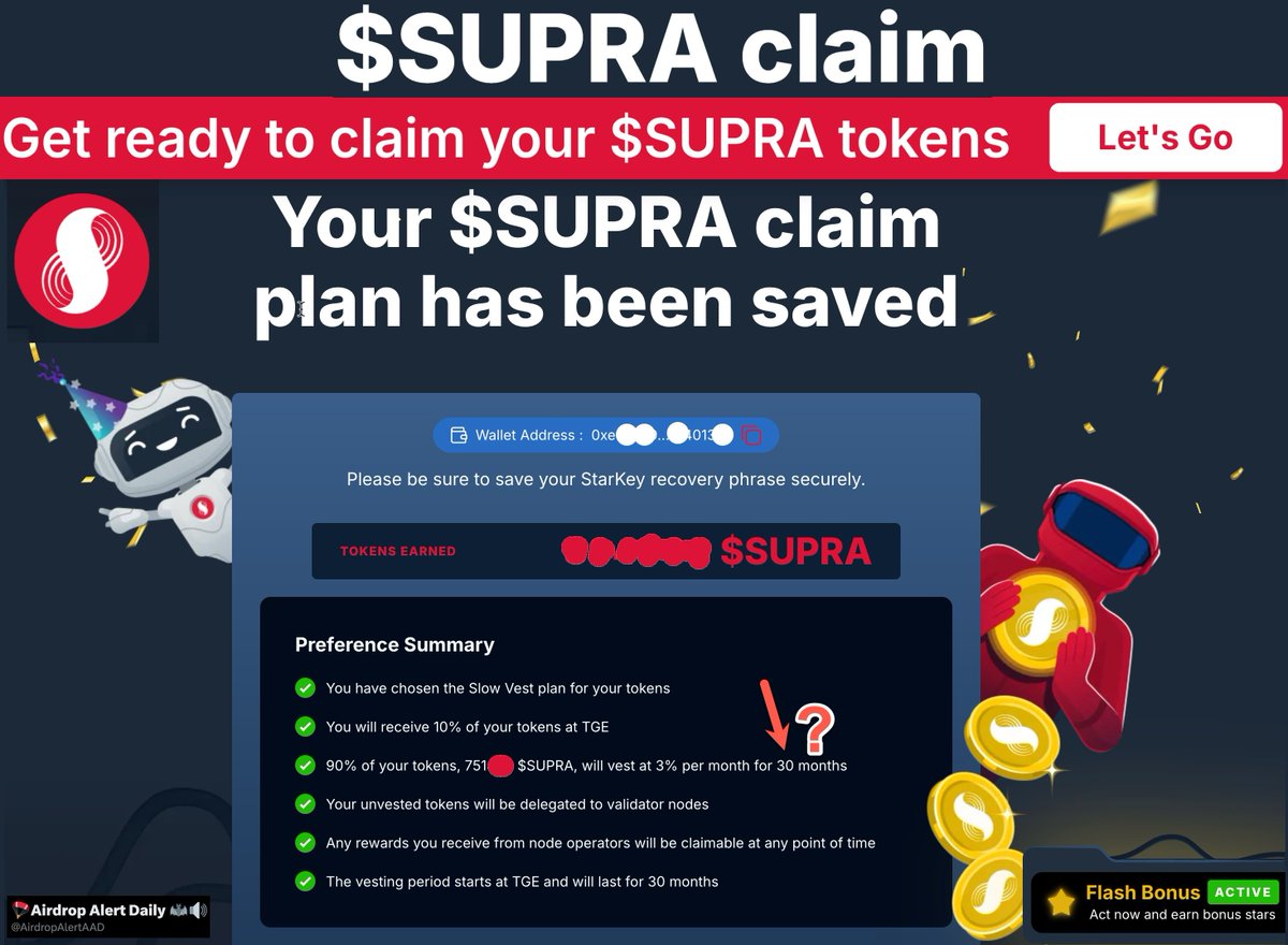 AirdropAlertAAD's tweet image. 🚀 Exciting update from #SupraOracles  🪂🪂

#Airdrop! Get ready to claim your $SUPRA tokens.

⚖️Check your Allocation:  supra.com/blastoff/tokens

👛 Wallet: starkey.app

Use Mises / Kiwi browser.

I chose Get 10% at launch (TGE), then 3% monthly for 30 months.

Claim…