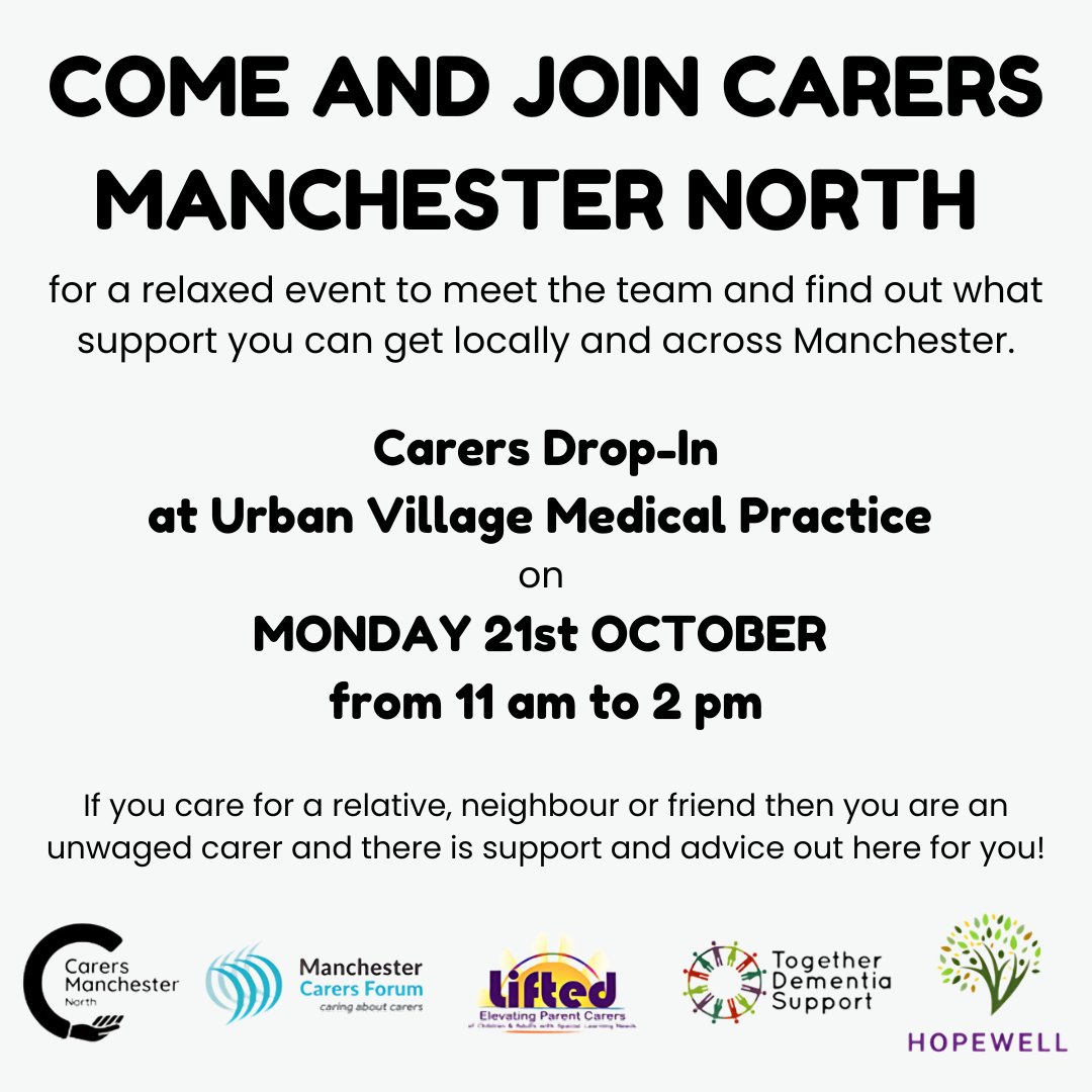 Do you care for a relative, neighbour or friend? Are you unsure of the support and advice available to you? If so, pop down to the practice today between 11am-2pm to meet the team of <a href="/CarersMcr/">Carers Manchester</a> North to find out more.

#carersupport #ancoats #manchester