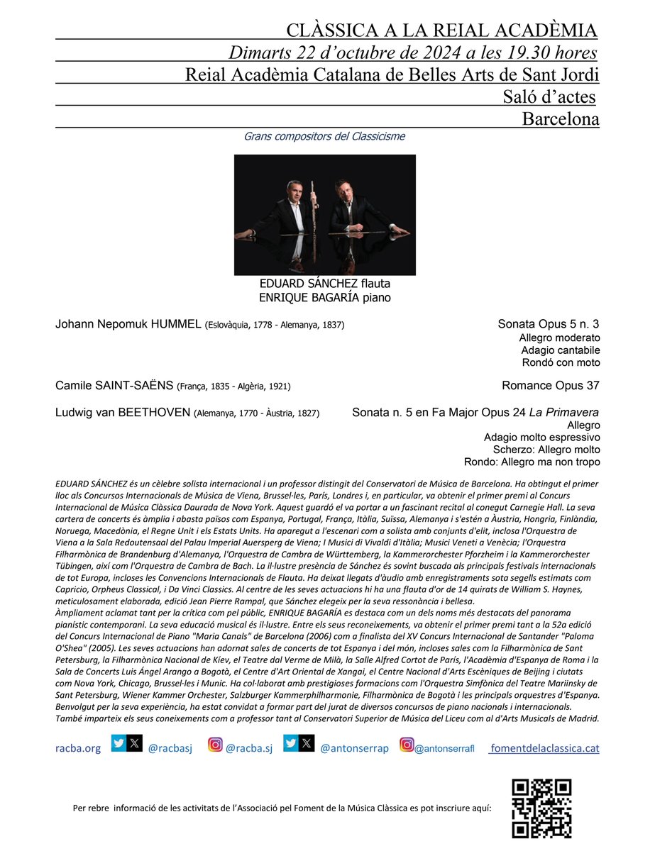 🎼Clàssica a la Reial Acadèmia. 
Dimarts 22 d'octubre a les 19:30h els "Grans compositors del Classicisme", amb Eduard Sánchez (flauta) i Enrique Bagaría (piano). 
No us ho podeu perdre!
