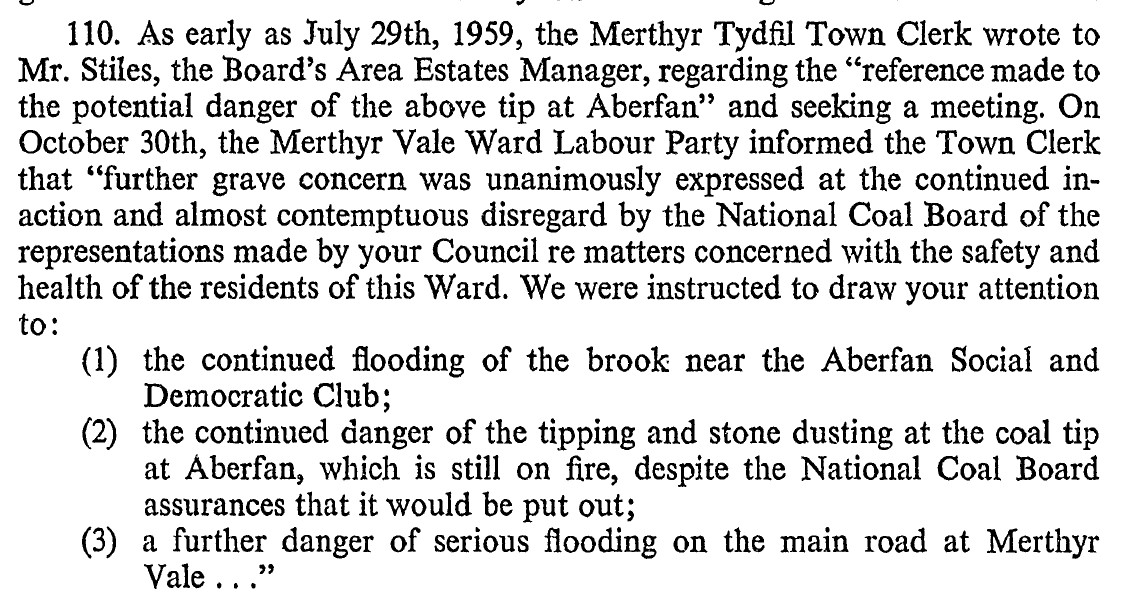 #Aberfan women wrote to the National Coal Board warning that the tips above Pantglas school endangered their children. This letter by the town clerk, 7 years before the disaster, is from the tribunal report.
The coal board did nothing.
144 children &amp; adults died.