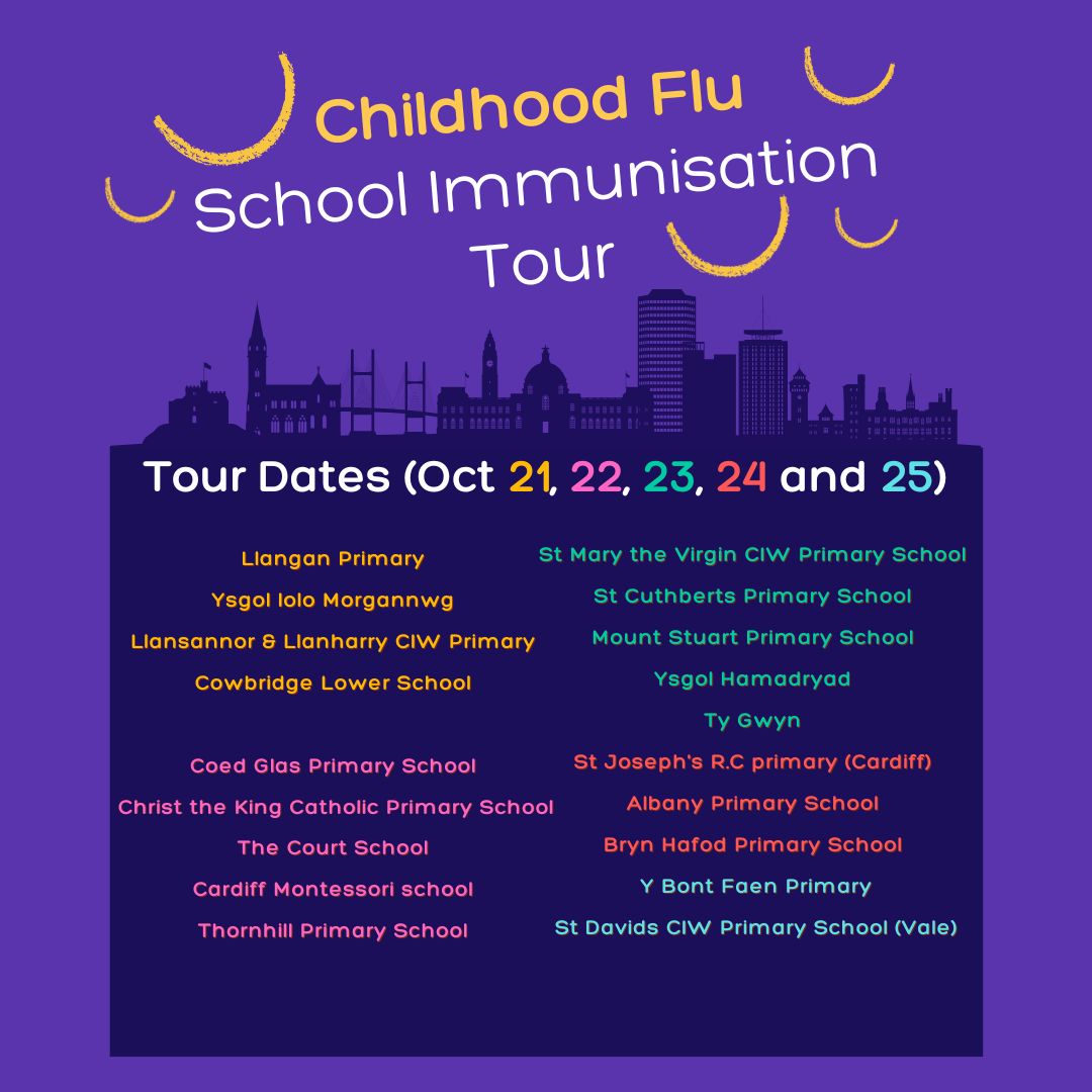 The Cardiff and Vale School Nursing Immunisation Team will be visiting the following schools this week to administer the nasal flu vaccine.
Please look out for further details from the school with a link for the electronic consent form for you to complete.