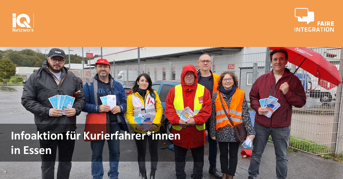 #Rückblick: Der Experte der Fachstelle Faire Integration war in #Essen unterwegs. Gemeinsam mit Kolleg*innen von @aulnrw, der Beratungsstelle Arbeit Essen, @ver.di und @Faire Mobilität informierte er Kurierfahrer*innen über ihre Arbeitsrechte.