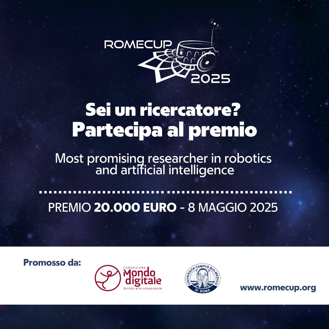 Premio “Most Promising Researcher in Robotics and AI”. <a href="/fmdigitale/">Fond. Mondo Digitale</a>, in collaborazione con l’<a href="/CampusBioMedico/">UCBM</a>  e l’ <a href="/UniRomaTre/">UniRomaTre Supporto ®️</a> lancia la 3a edizione del premio “Most Promising Researcher in Robotics and Artificial Intelligence”! 🤖✨
🔗 Come partecipare: mondodigitale.org/notizie/resear…