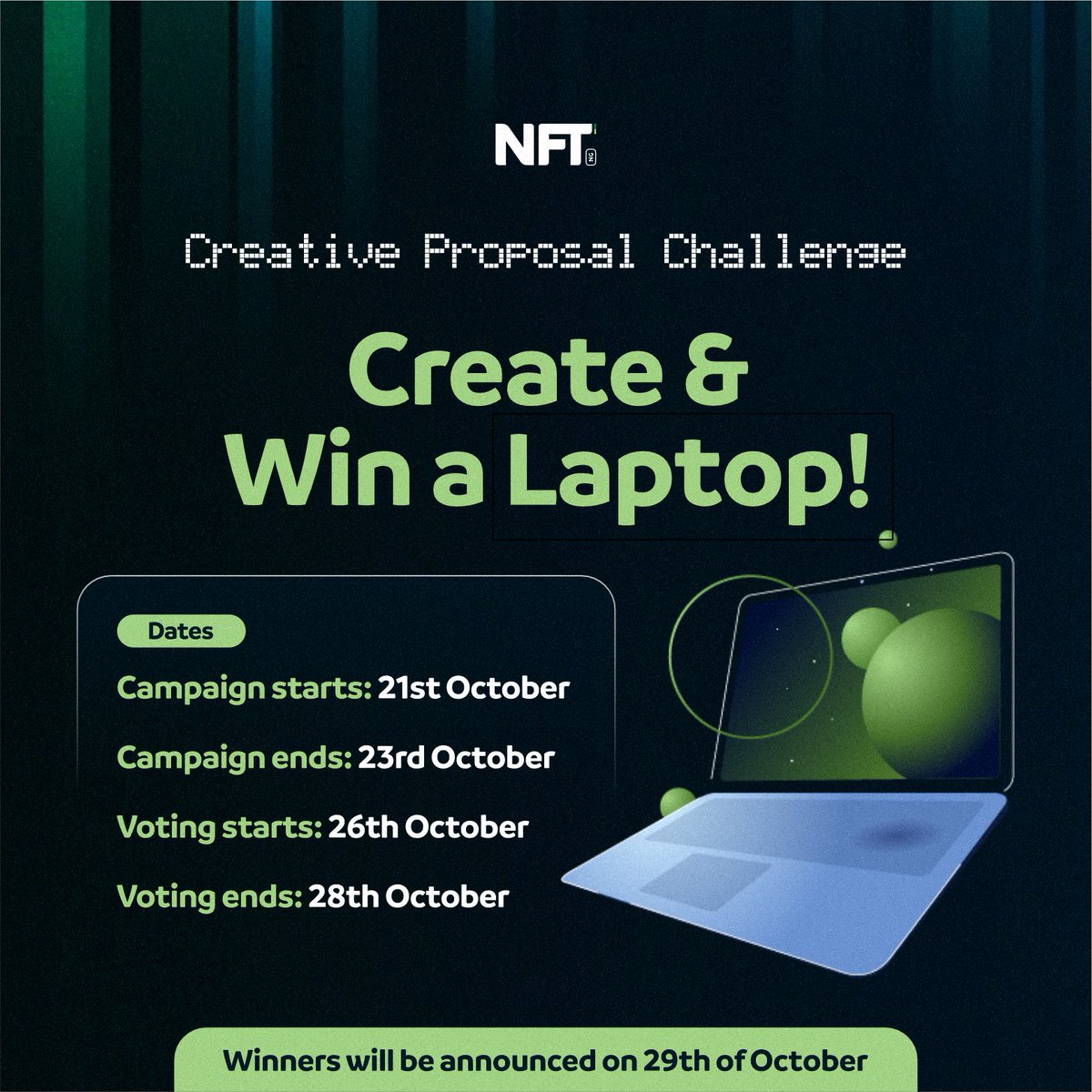 NFT__NG's tweet photo. 🚀 Creative Proposal Challenge: Win a Laptop! 💻

We are thrilled to announce our Creative Proposal Challenge!

This is your chance to share creative ideas on how to improve our community and win amazing prizes!

💡 How it works:

Submit a creative suggestion on how we can make our community even better!

The best 5 proposals will be selected by our team.

The community will then vote for the top 2 winners in a poll, and the winners will receive a laptop each! 🎁

📅 How to Participate:

Like  & RT

Follow @NFT__NG

Submit your proposals here https://t.co/0lCUHOLNJ4

⏰ Submission Deadline: 23rd Oct 2024

Join our telegram group for detailed instructions https://t.co/7kzgOYKflH

Let’s work together to make our community even better! 💪