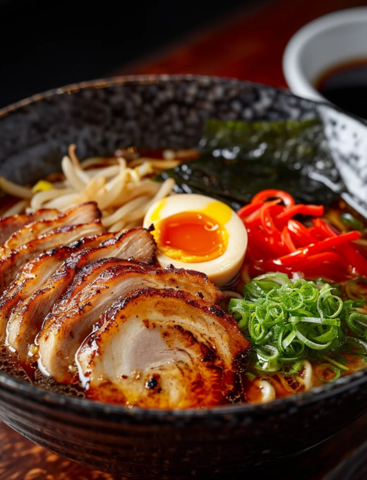 チャーシュー、メンマ、昆布が入った醤油、味噌、とんこつベースの濃厚なスープが特徴の麺です。
