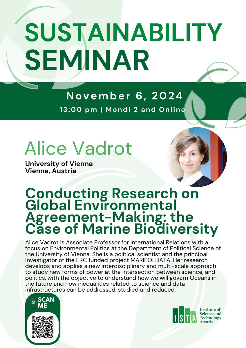 Jeroen Dobbelaere (@jeroendobbelae5) on Twitter photo On the 6th of November at 13.00 (CET) we will start the 2024 Fall <a href="/ISTAustria/">ISTAustria</a> Sustainability Seminar again. Prof. Alice Vadrot from the University of Vienna
will explain how science findings are translated into political decisions and action by using examples of marine biology. On the 6th of November at 13.00 (CET) we will start the 2024 Fall <a href="/ISTAustria/">ISTAustria</a> Sustainability Seminar again. Prof. Alice Vadrot from the University of Vienna
will explain how science findings are translated into political decisions and action by using examples of marine biology.