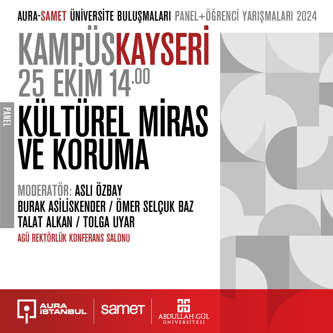 KAMPÜS Kayseri başlıyor! “Kültürel Miras ve Koruma” paneli ile Abdullah Gül Üniversitesi KAMPÜS’teyiz! 

Moderatör: 
Aslı Özbay (<a href="/Asli_Ozbayy/">Aslı Özbay</a> )
Konuşmacılar: 
Burak Asiliskender (<a href="/asiliskenderb/">Burak Asiliskender</a>)
Ömer Selçuk Baz (<a href="/OmerSelcukBaz/">Ömer Selçuk Baz</a>)
Talat Alkan (<a href="/muse_vr/">MUSE STUDIO</a>)
Tolga Uyar (<a href="/ProfDrTolgaUyar/">Tolga B. Uyar</a>)