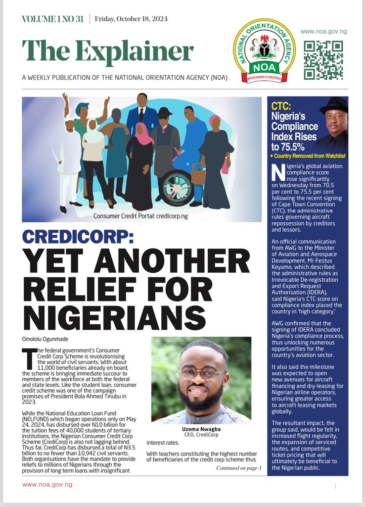 NOA_Nigeria's tweet photo. “The Explainer this week: Information on government policies and activities, all you need to know from our Explainer.
— CREDICORP: Yet Another Relief for Nigerians -Omololu Ogunmade
—Poverty, Values and Deathly Risks - Lanre Issa-Onilu
—20M Vulnerable Nigerians to Benefit from Fresh FG’s Cash Transfer Plan - Saheed Mukeila
—Why Samoa is a Defining Moment in Government, Press Relations - Mohammed Idris 

…find out more.”

You can download a copy from our website 👉https://t.co/GDD4tPTkUD

#Explainer
@NigeriaGov @NGRPresident @NGRSenate @HouseNGR @HMMohammedIdris @cenbank @FinMinNigeria @FIRSNigeria @PiCNGOfficial @fmaviationng @fkeyamo @PoliceNG @FAAN_Official @FMEnvng @Fmohnigeria @FMPRng @nnpclimited @FMWA_ng @ShapeArts @CrediCorpNG @officialABAT @tunderahmanu @aonanuga1956