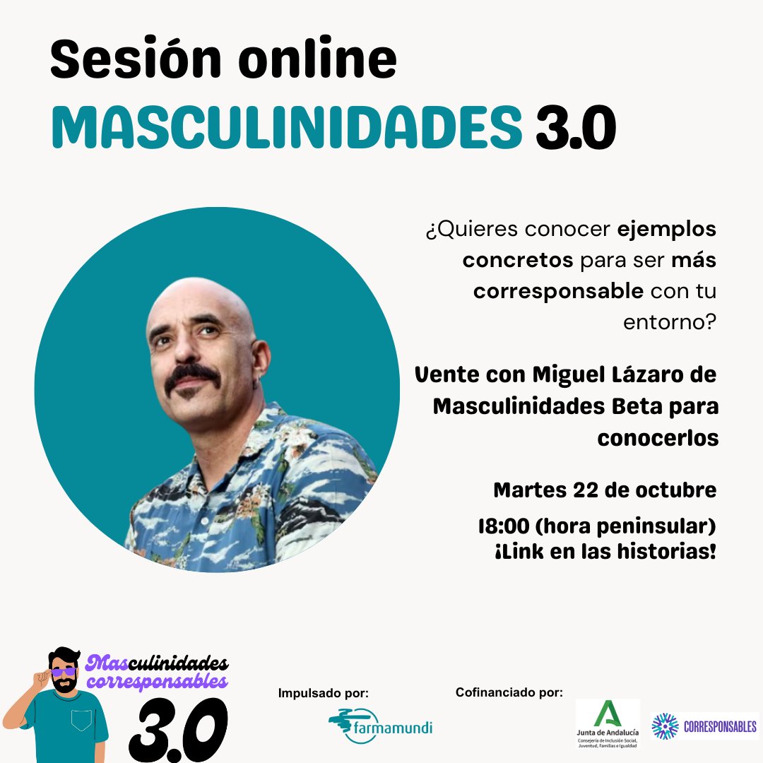 Mañana martes, 22 de octubre, a las 18:00h te esperamos en el encuentro online con Miguel Lázaro <a href="/MasculinidadesB/">Masculinidades Beta</a> para seguir aprendiendo y compartir acerca de los cuidados y la #corresponsabilidad en el marco del proyecto Masculinidades 3.0.

➡️Únete: teams.microsoft.com/l/meetup-join/…