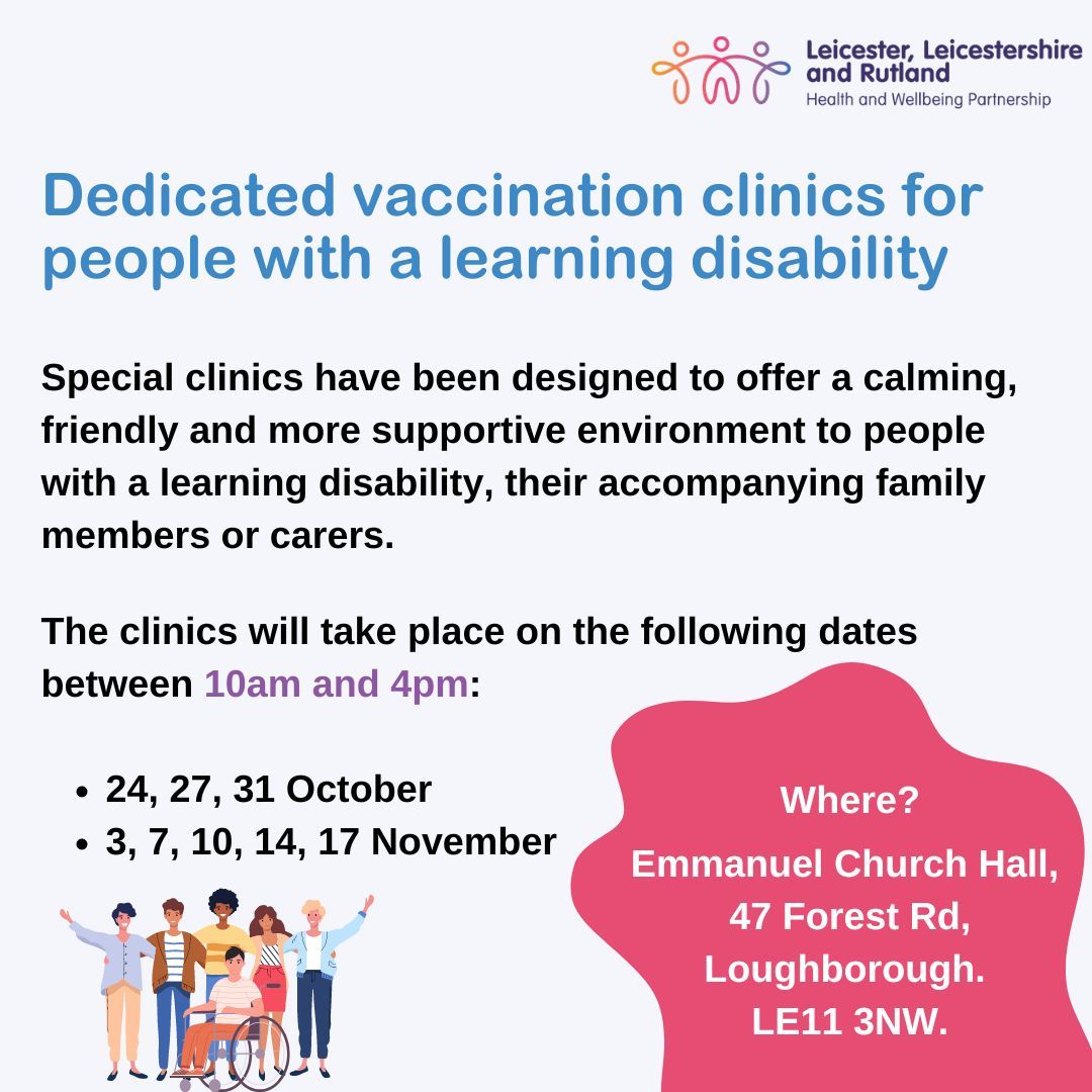 Our first dedicated vaccination clinic for people with a learning disability will take place this week in Loughborough. 

Book an appointment in our friendly environment by calling 0116 497 5700 option 1.
Find out more: buff.ly/3zSUaf3