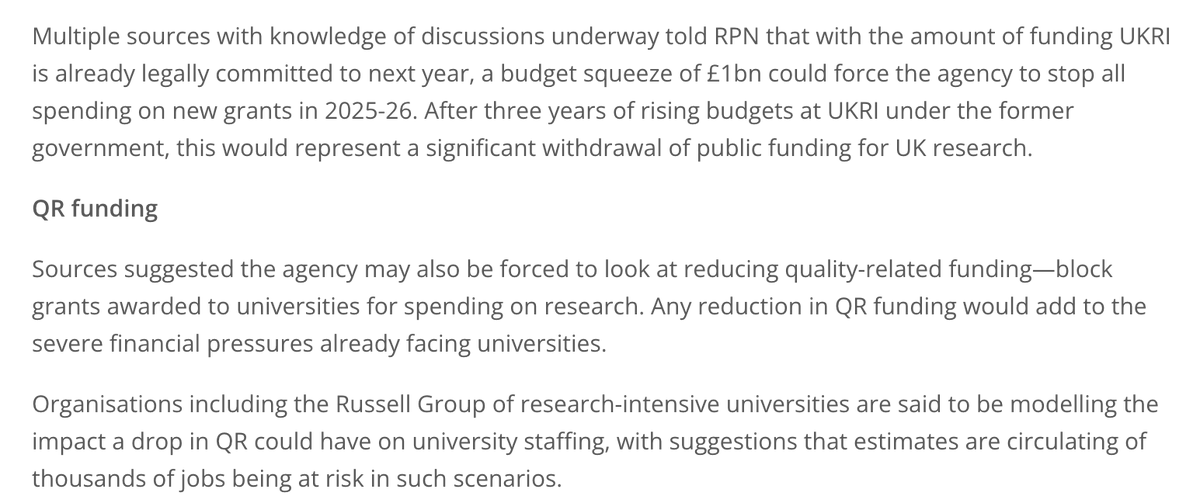 UKRI could be awarding no new grants from 2025 and reduce block grants.

Is this finally the headline? NO MONEY FOR ANY RESEARCH. 
researchprofessionalnews.com/rr-news-uk-pol…