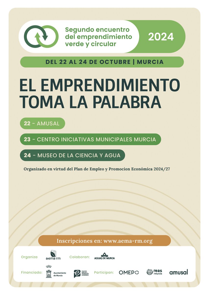 🕐¡Ya está aquí!🕐
Mañana comenzamos el II Encuentro de Emprendimiento Verde y Circular.
📅22,23 Y 24 de Octubre
📍Amusal, Centro de Iniciativas Municipales y Museo de la Ciencia y el Agua