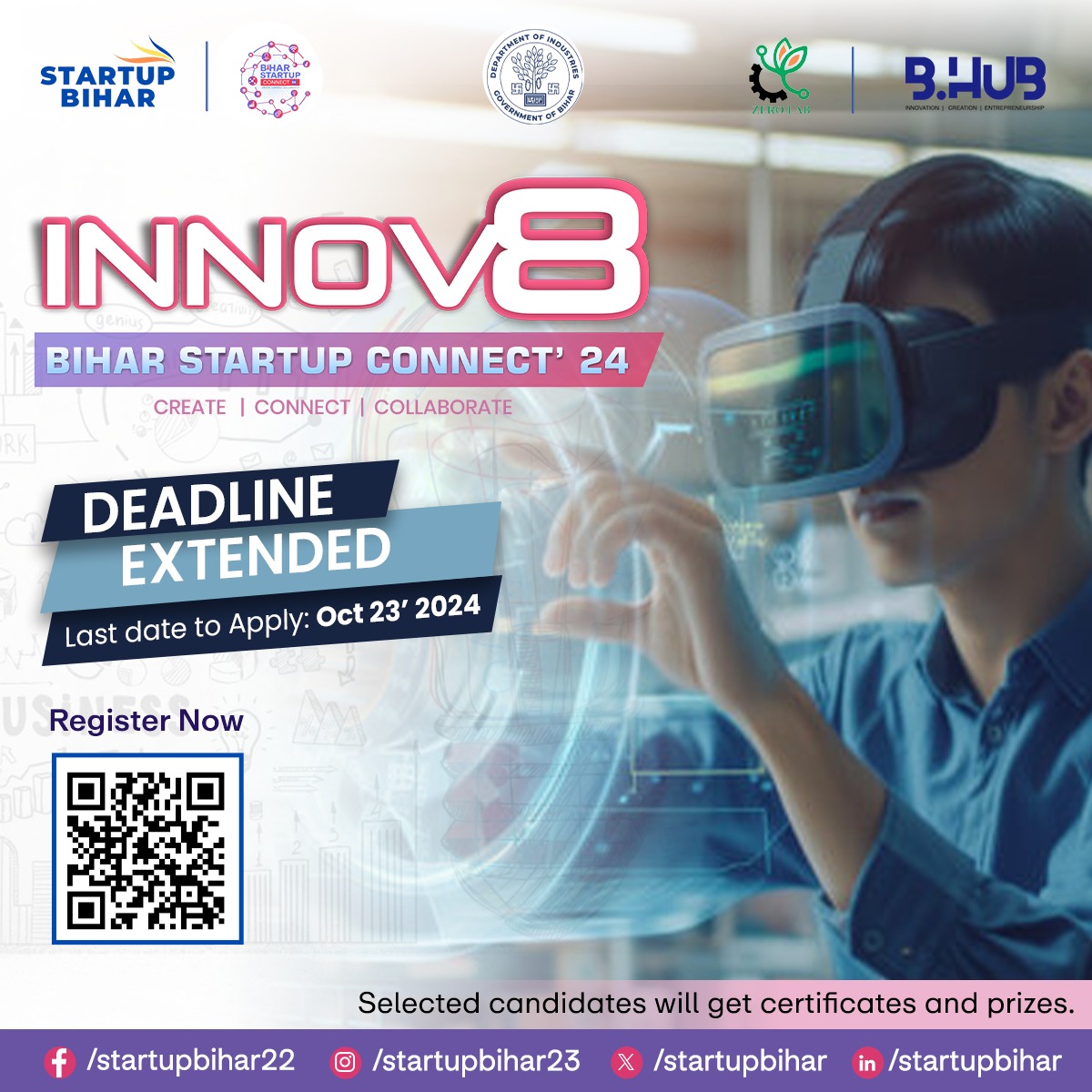 startup_bihar's tweet photo. "🚀 Exciting News! The deadline for Innov8 - Bihar Startup Connect '24 has been extended till October 23, 2024!

Don't miss this golden opportunity to showcase your innovation. 🌟

Apply now and stand a chance to win certificates and prizes!🎉

https://t.co/UdFpbfg1RM

#Innov8 #BiharStartupConnect #CreateConnectCollaborate #StartupBihar #InnovationHub #ExtendedDeadline
