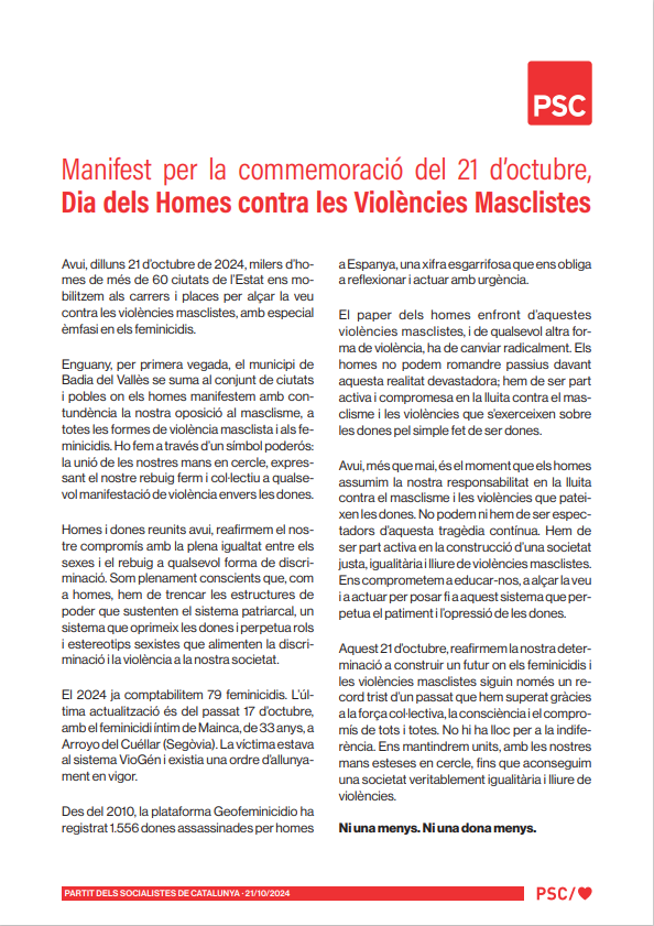 🌹 Manifest per la commemoració del 21 d'octubre, Dia dels Homes contra les Violències Masclistes.

"No podem ni hem de ser espectadors d’aquesta tragèdia contínua. Hem de  ser part activa en la construcció d’una societat  justa, igualitària i lliure de violències masclistes."