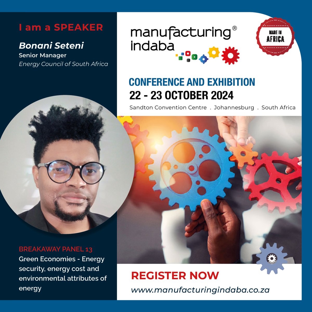 Dr Bonani Seteni, Senior Manager for Research, Technology and Innovation will be speaking at this year's <a href="/IndabaManufact/">ManufacturingIndaba</a>. 
He will be speaking in BREAKAWAY PANEL 13 discussing Green Economies - Energy security, energy cost and environmental attributes of energy. ⚙️

#MFGIndaba