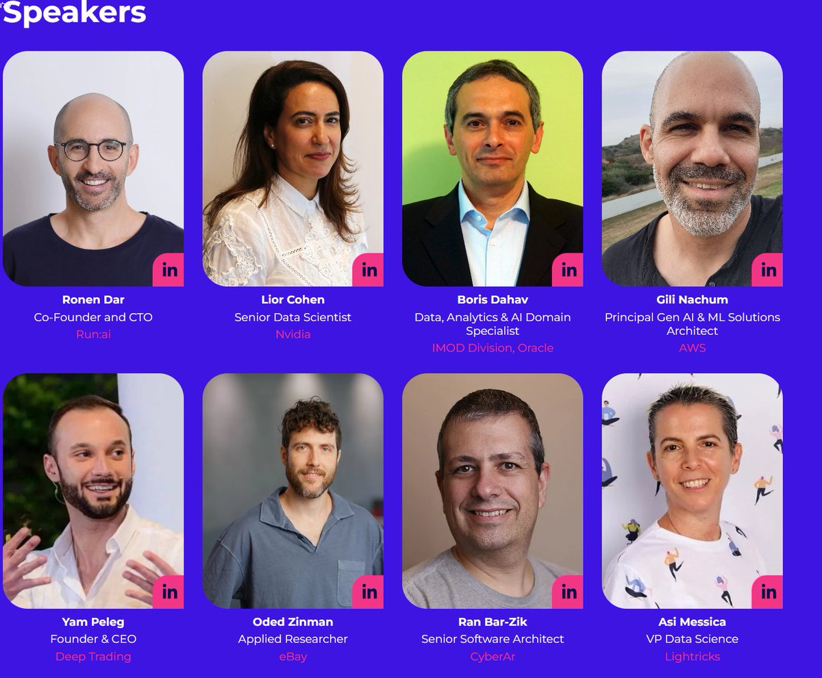 אנחנו מתחילים לעדכן את הדוברים שלנו בכנס GenML ולחזור למי שהגיש את ה-CFP.  בקרוב נוכל גם לעדכן את האג'נדה עם ההרצאות המלאות.

בינתיים אתם יכולים לפגוש שם דמויות מוכרות מהקהילה שידברו בכנס שלנו. <a href="/Yampeleg/">Yam Peleg</a> <a href="/barzik/">Ran Bar-Zik</a> <a href="/ronen_dar/">Ronen Dar</a>  ועוד..

לינק להרשמה: machinelearning.co.il/lp-events/genm…