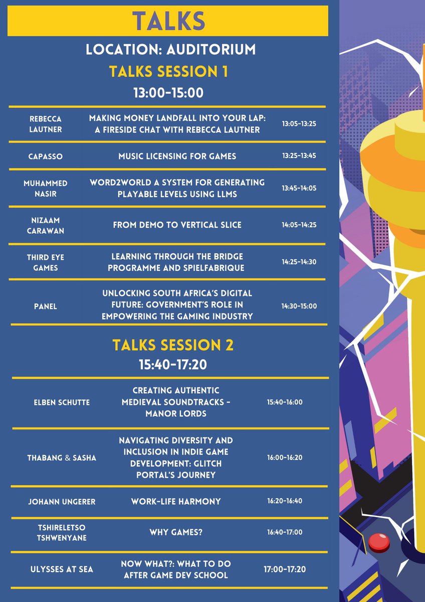 joburggamesfest's tweet photo. Here's our official #JoburgGamesFest programme! A day packed with games, workshops, talks, networking and more! Save this post or download the full programme via the link in our bio🔗 https://t.co/XMbYnF97aw
