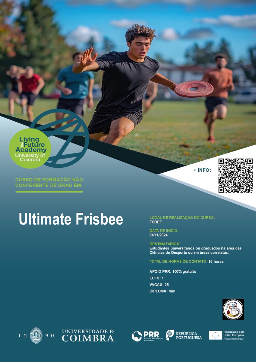 FcdefUC's tweet photo. 🥏 Introdução à modalidade Ultimate Frisbee 🥏

As inscrições para o curso já estão abertas até dia 29 de outubro. 

O curso é gratuito e realiza-se entre 4 e 30 de novembro, às 3ª e 5ª das 18h15 às 19h30 no Campo de relva natural no EUC. 
 
Mais info no nosso site. https://t.co/g1Vdjnh7xf