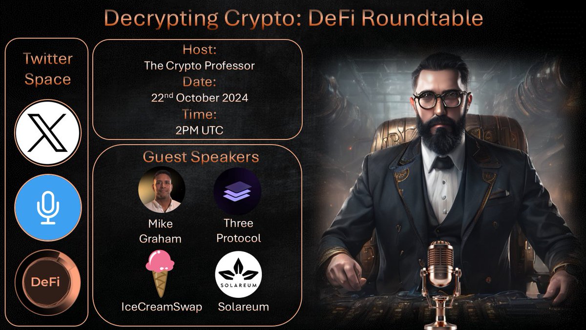 𝗗𝗲𝗰𝗿𝘆𝗽𝘁𝗶𝗻𝗴 𝗖𝗿𝘆𝗽𝘁𝗼 - 𝗗𝗲𝗙𝗶 𝗥𝗼𝘂𝗻𝗱𝘁𝗮𝗯𝗹𝗲 𝟮𝟮𝗻𝗱 𝗢𝗰𝘁𝗼𝗯𝗲𝗿 𝟮𝗽𝗺 𝗨𝗧𝗖

Looking forward to hosting the following projects for a great #DeFi roundtable tomorrow:

$THREE - Three Protocol
$ICE - IceCreamSwap
$SRM - Solareum

We also have guest