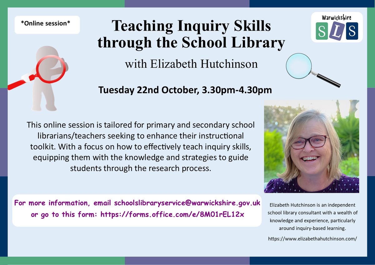 Warwickshire Schools Library Service (@warwickshiresls) on Twitter photo Looking forward to seeing lots of librarians/teachers tomorrow at our session with
<a href="/Elizabethutch/">Elizabeth Hutchinson</a>
don't miss out, sign-up at forms.office.com/e/8M01rEL12x 🔍📷#inquiryskills #schoollibraries Looking forward to seeing lots of librarians/teachers tomorrow at our session with
<a href="/Elizabethutch/">Elizabeth Hutchinson</a>
don't miss out, sign-up at forms.office.com/e/8M01rEL12x 🔍📷#inquiryskills #schoollibraries