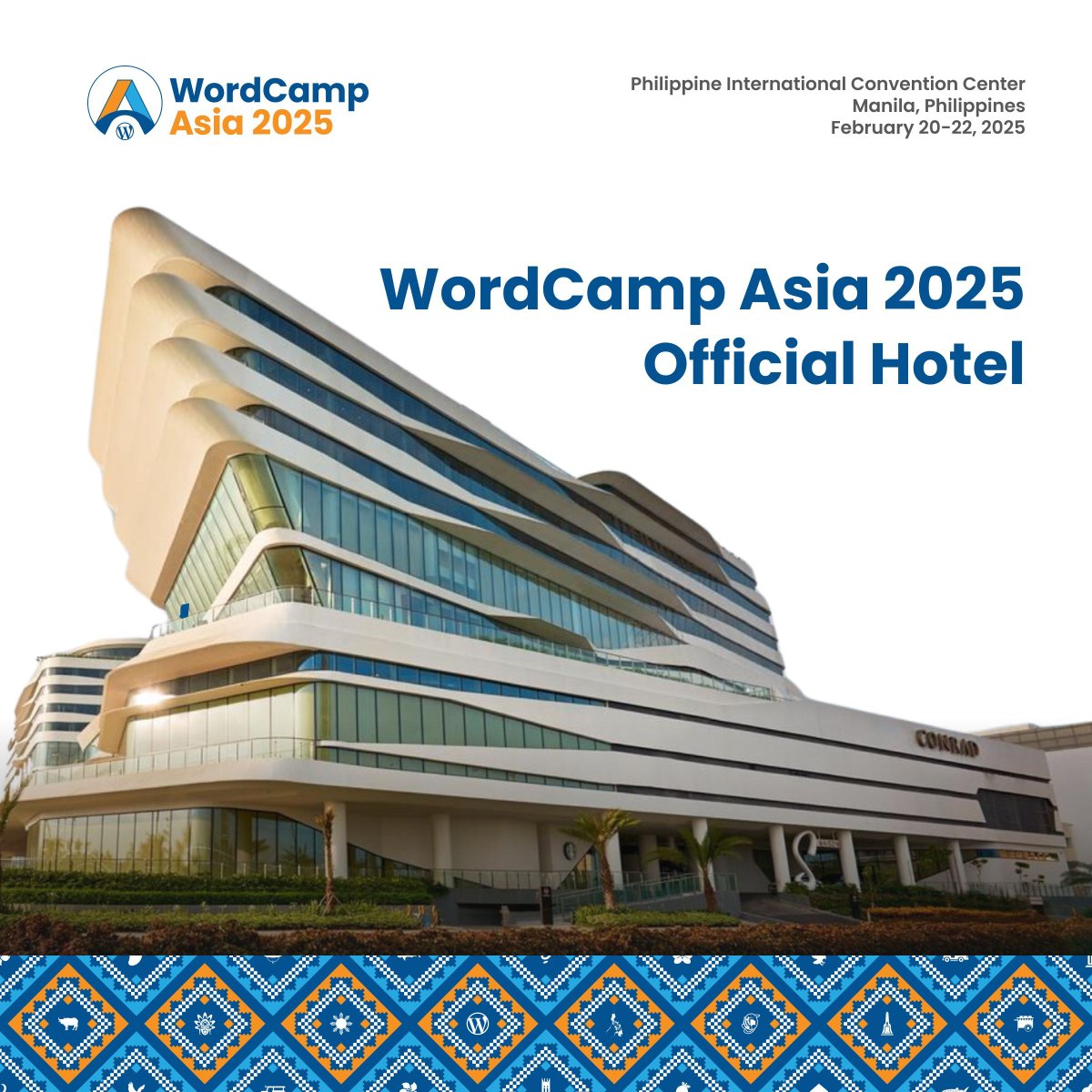 🏨 Planning your stay for #WCAsia 2025? We’ve partnered with <a href="/ConradManila/">Conrad Manila</a> as the official hotel! Enjoy 5-star luxury, stunning views &amp; easy access to the venue. 

Exclusive rates include buffet breakfast &amp; Wi-Fi 🌐. 
Rooms are limited—book fast! Find out more here: