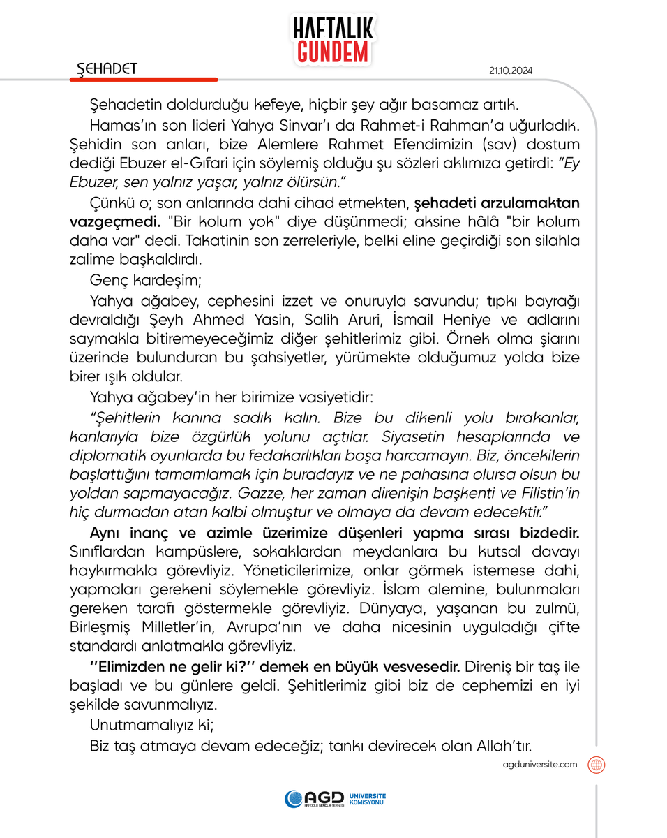 📌Haftalık Gündem | Mazlumların Bağrında Açan Çiçek: ŞEHADET
21.10.2024