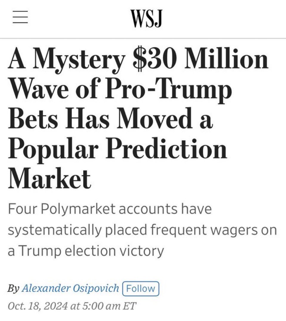 Prediction: If Kamala wins, Polymarket is going to serve as a cornerstone in the right’s effort to undermine the election results. There are obviously a couple of pro-Trump billionaires who are betting large sums on Trump to make it seems like Trump has a wide lead over Kamala.