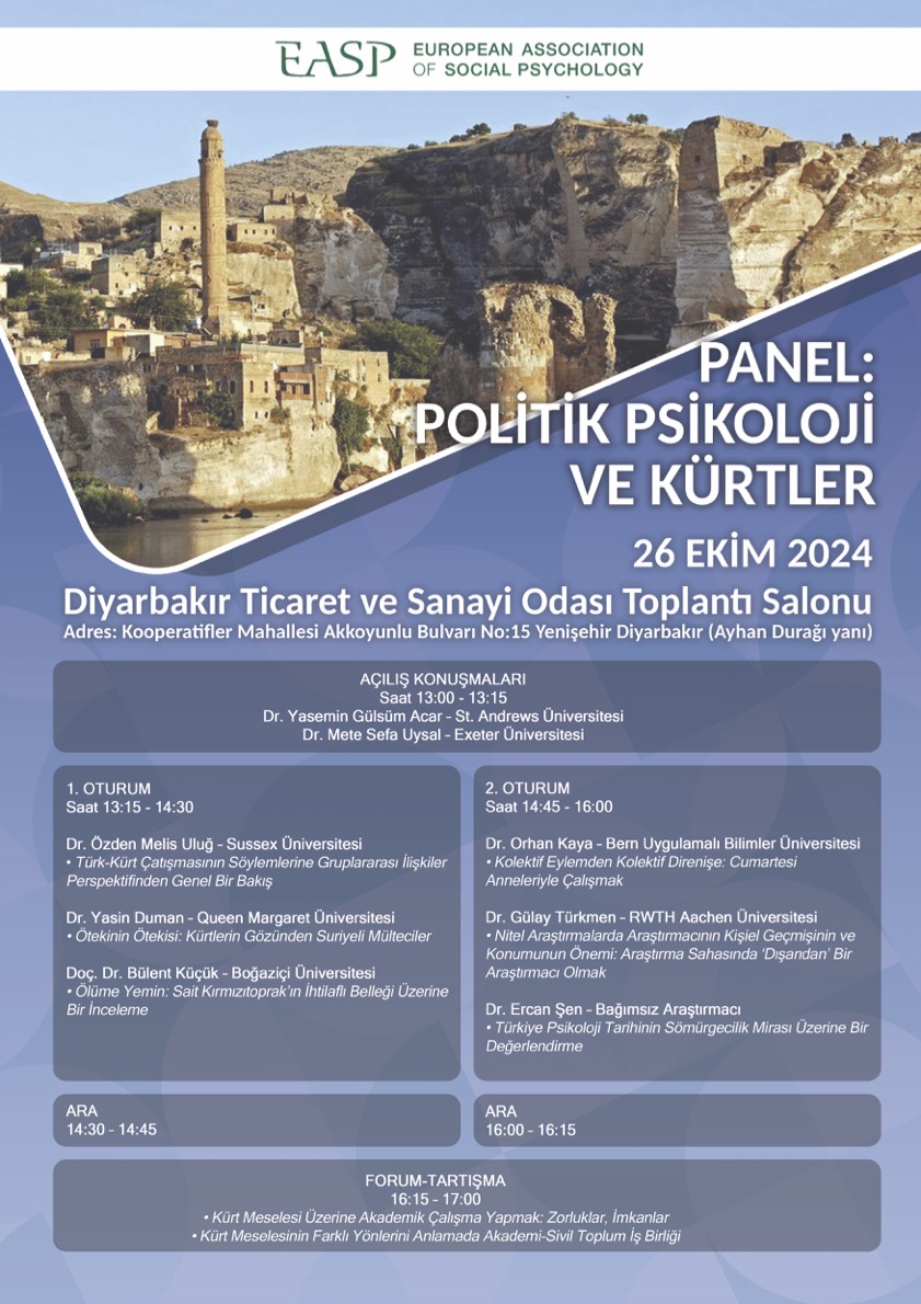 melisulug's tweet photo. Sevgili arkadaşlar,

Bu cumartesi (26 Ekim) saat 13'te Diyarbakır Ticaret ve Sanayi Odası'nda (DTSO) "Politik Psikoloji ve Kürtler" paneline davetlisiniz. Ben de 2010'dan beri bu alanda gerçekleştirdiğim çalışmalarımla orada olacağım. 

Hepinizi bekleriz! 
@yasemin_gulsum https://t.co/xvStv2jiq1