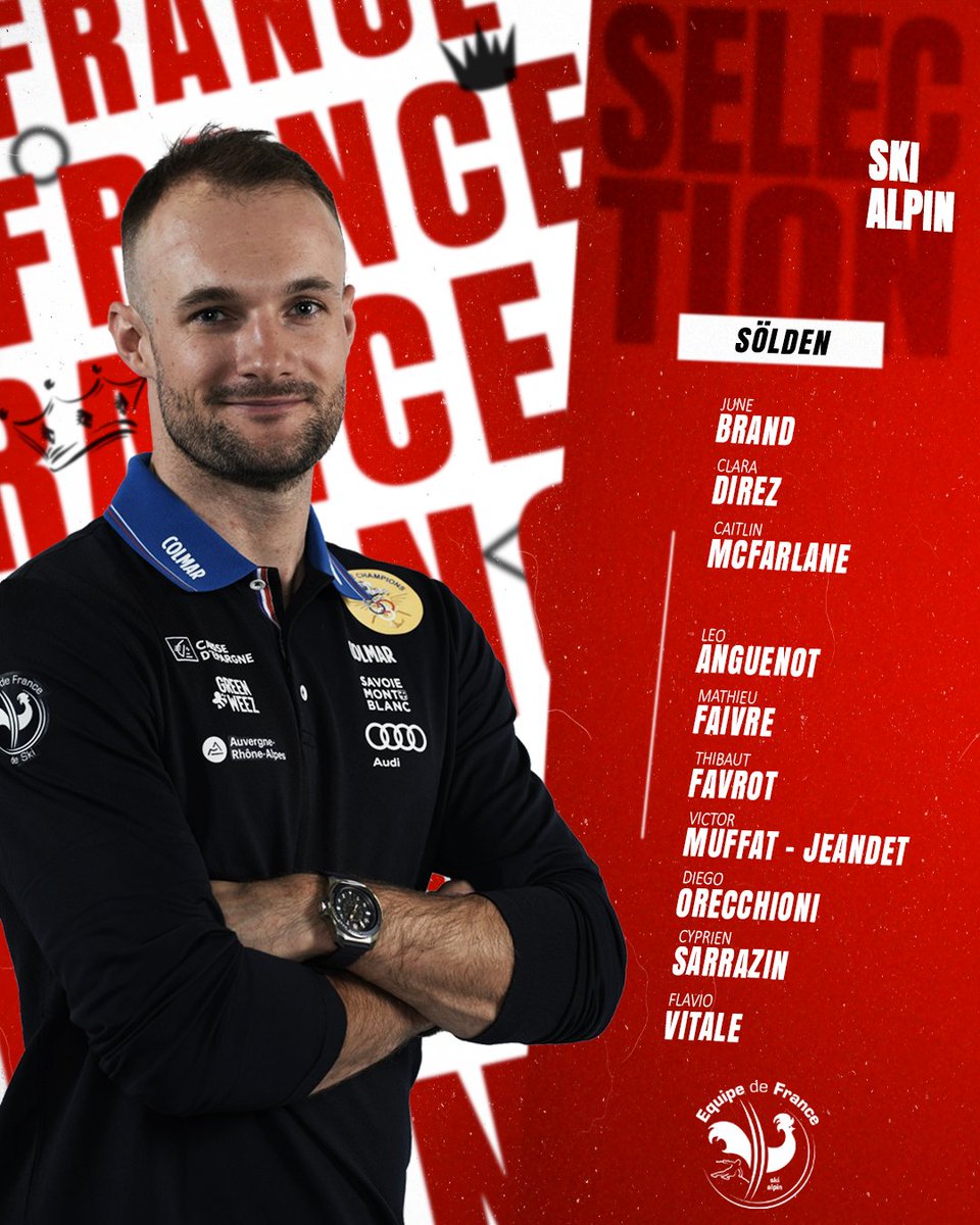 FedFranceSki's tweet image. 𝐒𝐨̈𝐥𝐝𝐞𝐧 🔜🇦🇹

C'est reparti 🆙
Découvrez la sélection 🇫🇷 pour le traditionnel géant d'ouverture de la coupe du monde de ski alpin ! ⛷️❄️

⌚ 26 &amp;amp; 27 octobre
📺 @Eurosport_FR 

🇫🇷➡️ bit.ly/3UhLQvY