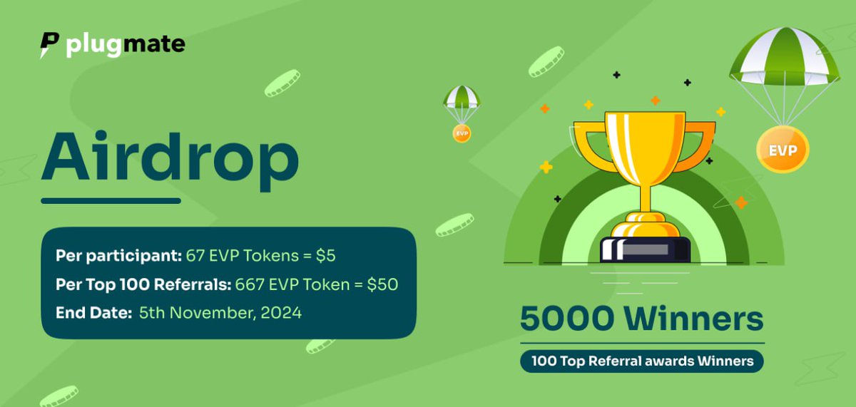🚀 Airdrop: Plugmate
💰 Value: 67 $EVP Token
🏆 Winners: 5000 Random
👥 Top 100 Referrals: 667 $EVP Token
📅 End Date: 5th November, 2024
🏦 Distribution Date: 21st March, 2025

Talk with the Telegram Bot
t.me/PlugmateAirdro…

📃 Information 
Plugmate is a community-owned,