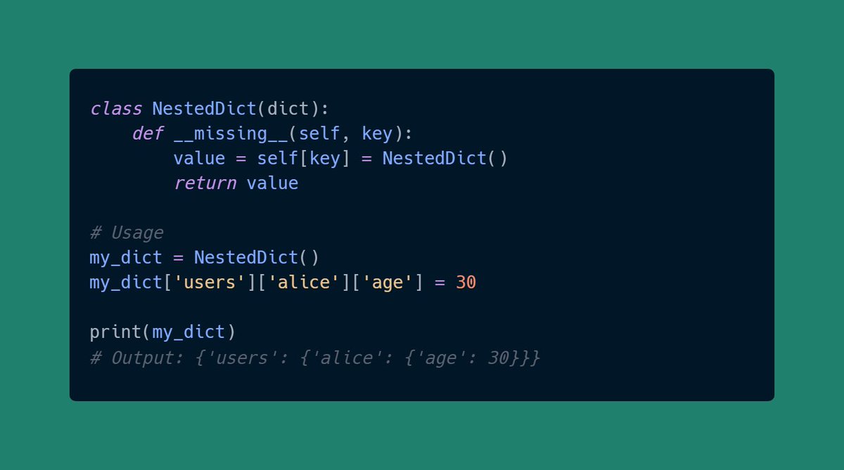 DevAsService's tweet image. ๐ Python Trick
Customize dictionary behavior by implementing the `__missing__` method in your dict subclass!
Return default values or compute them on-the-fly when keys are missing.
Perfect for handling missing data gracefully. ๐
#Python #PythonTricks #CodingTipsโฆ