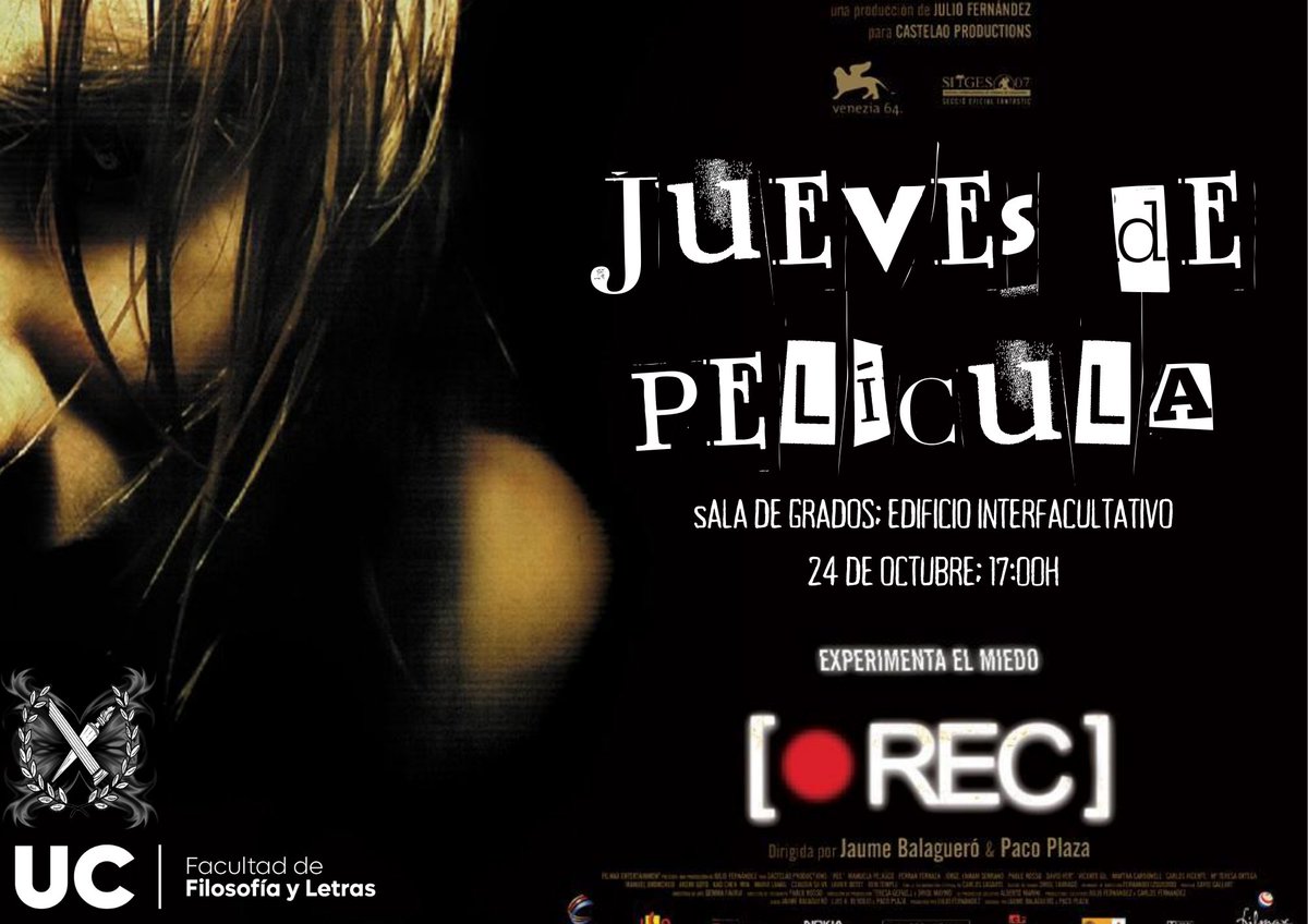 ¡Comienza la "Spooky Season" !🎃🎃
Este jueves, y retomando la tradición comenzada el año pasado, seguimos con la sesión de cine especial Halloween.
🔴"[REC]", el jueves 24 de octubre a las 17:00 en la Sala de Grados. 
🎃🎃🎃🎃👻👻👻