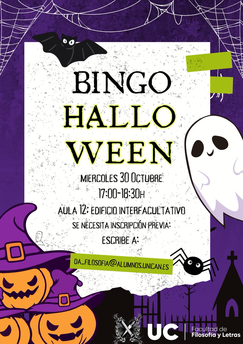 Continuando con la temática de Halloween...
¡¡os invitamos a todos a esta segunda edición de nuestro Bingo (esta vez, edición Halloween)!!!
👻
Para participar en el Bingo solo tenéis que escribirnos un correo con todos los participantes que os vayáis a apuntar. 
No te lo pierdas.