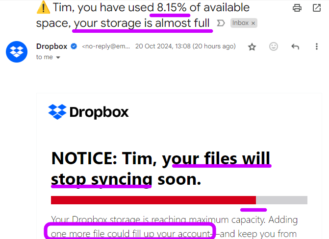 meddysong's tweet photo. Dear @Dropbox/@DropboxSupport,

Could you kindly explain why you are -- not for the first time -- trying to con me into upgrading with false assertions designed to evoke worry in me? I haven't used even 10% of my 2 TB capacity. https://t.co/cQIjFwIXE3