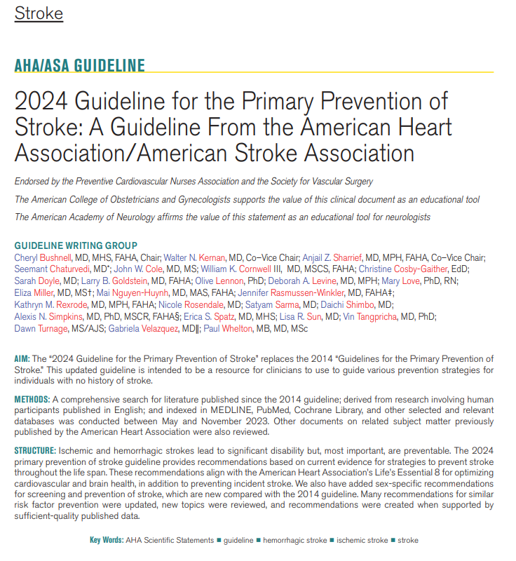 This updated guideline is intended to be a resource for clinicians to use to guide various prevention strategies for individuals with no history of stroke, and replaces the 2014 Guidelines for the Primary Prevention of Stroke.