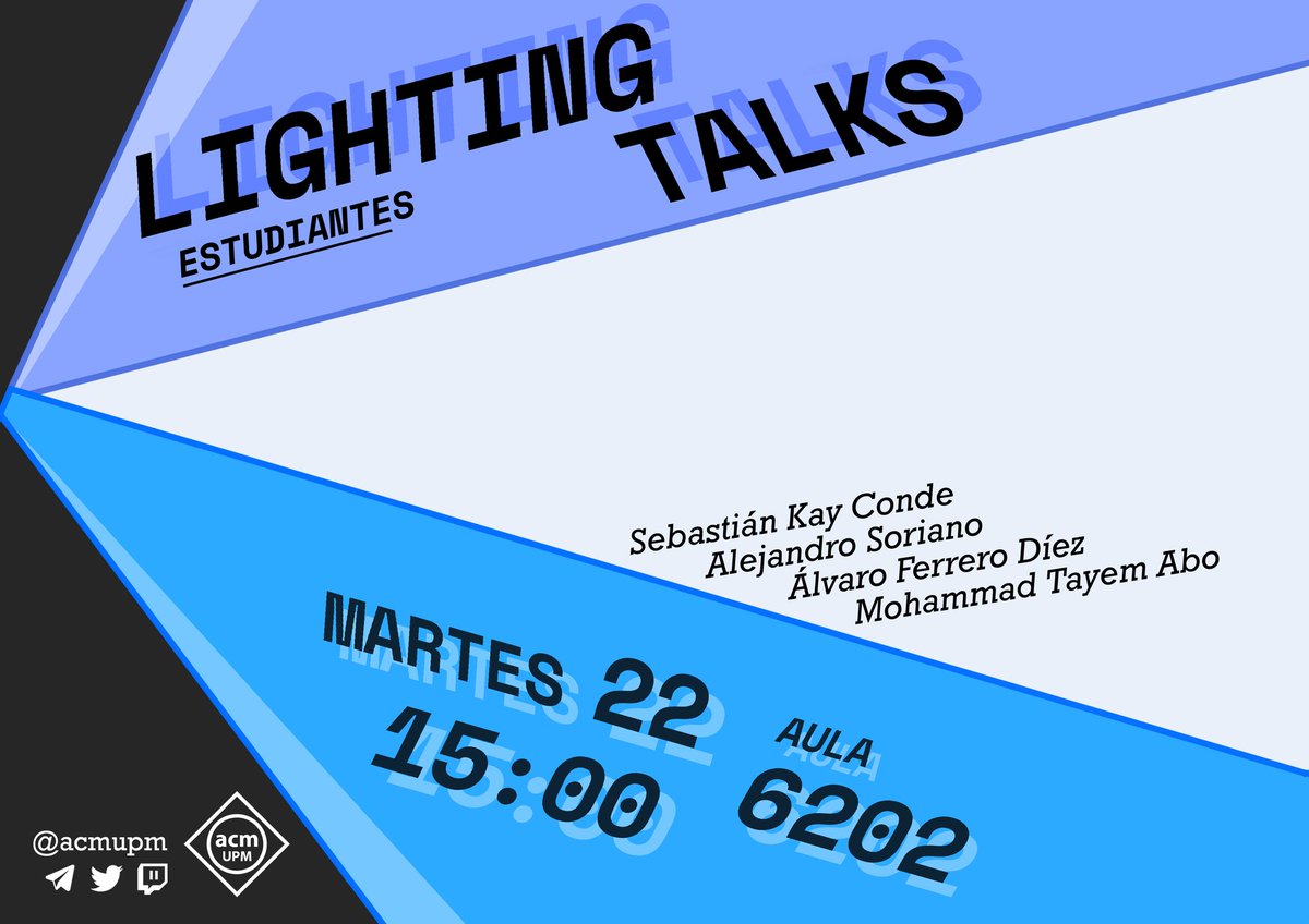 acmupm's tweet image. 🟦¡LAS LIGHTNING TALKS ESTÁN DE VUELTA!⚡🟦
Mañana los miembros de ACMUPM traen las Lightning Talks💡
Ven a disfrutar de presentaciones cortas, ingeniosas y llenas de inspiración. No pierdas la oportunidad de aprender algo nuevo!! ✨🤓
22 de octubre
aula 6202, Bloque 6