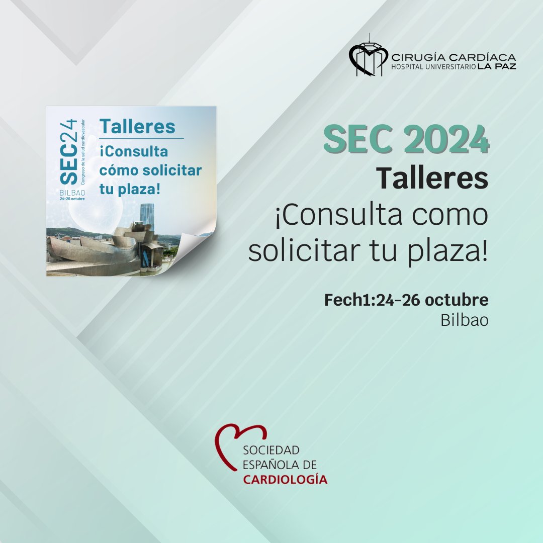 cirugialapaz's tweet photo. 📢 ¡Recordatorio para profesionales sanitarios!

No te pierdas los talleres de SEC 2024. Esta es una excelente oportunidad para profundizar en temas de cardiología y mejorar tus habilidades profesionales.

📅 Del 24 al 26 de octubre
📍 Bilbao

https://t.co/9jtUlZ6Hxw. https://t.co/xj3BogZEw7